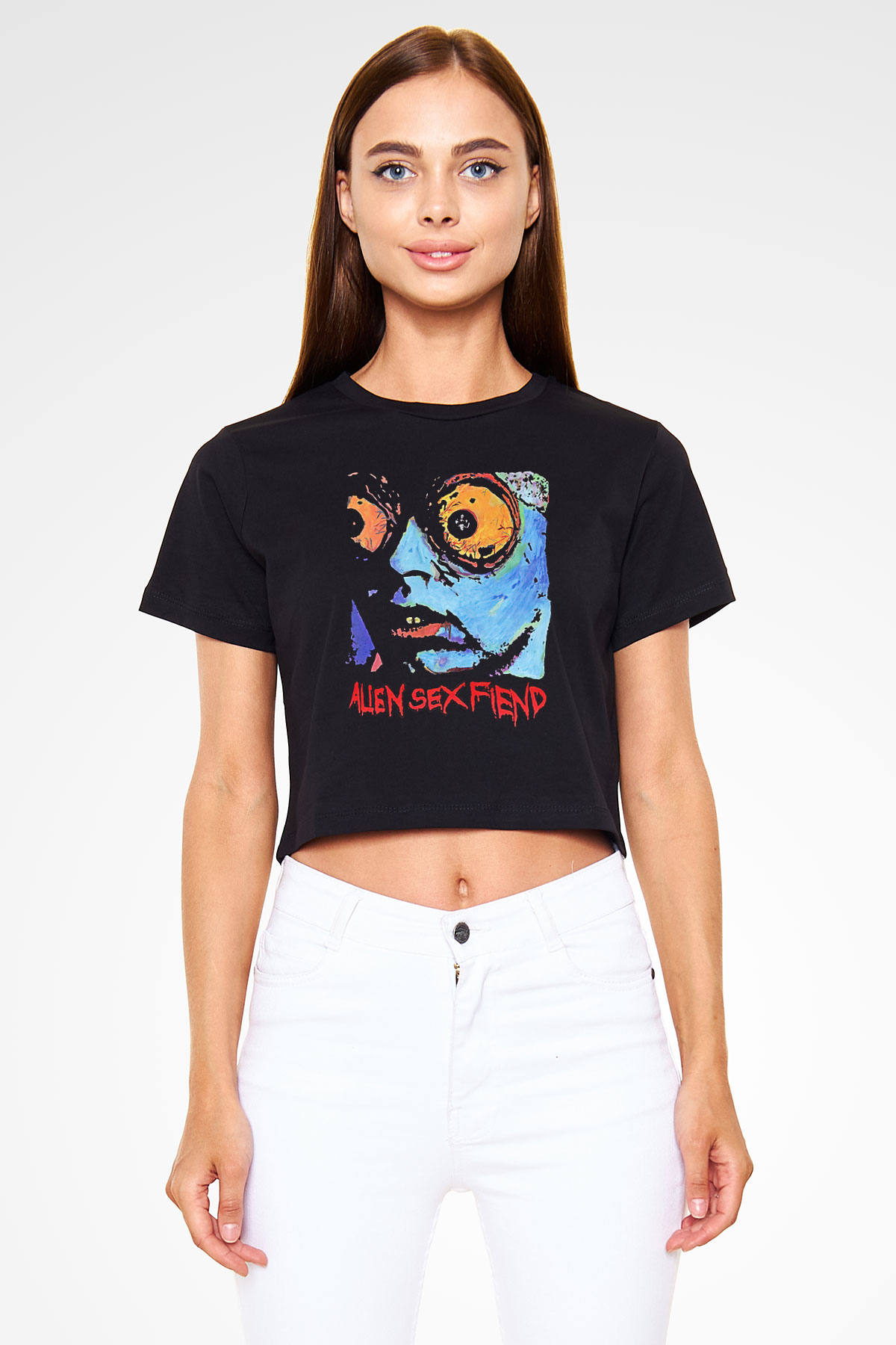 Alien Sex Fiend Baskılı Siyah Crop Top Kadın Tişört - Tshirt