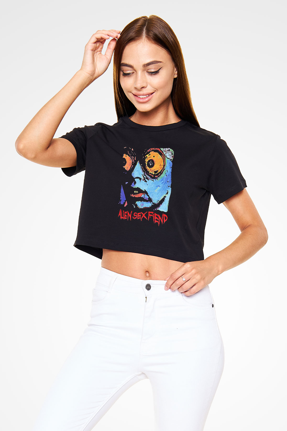 Alien Sex Fiend Baskılı Siyah Crop Top Kadın Tişört - Tshirt