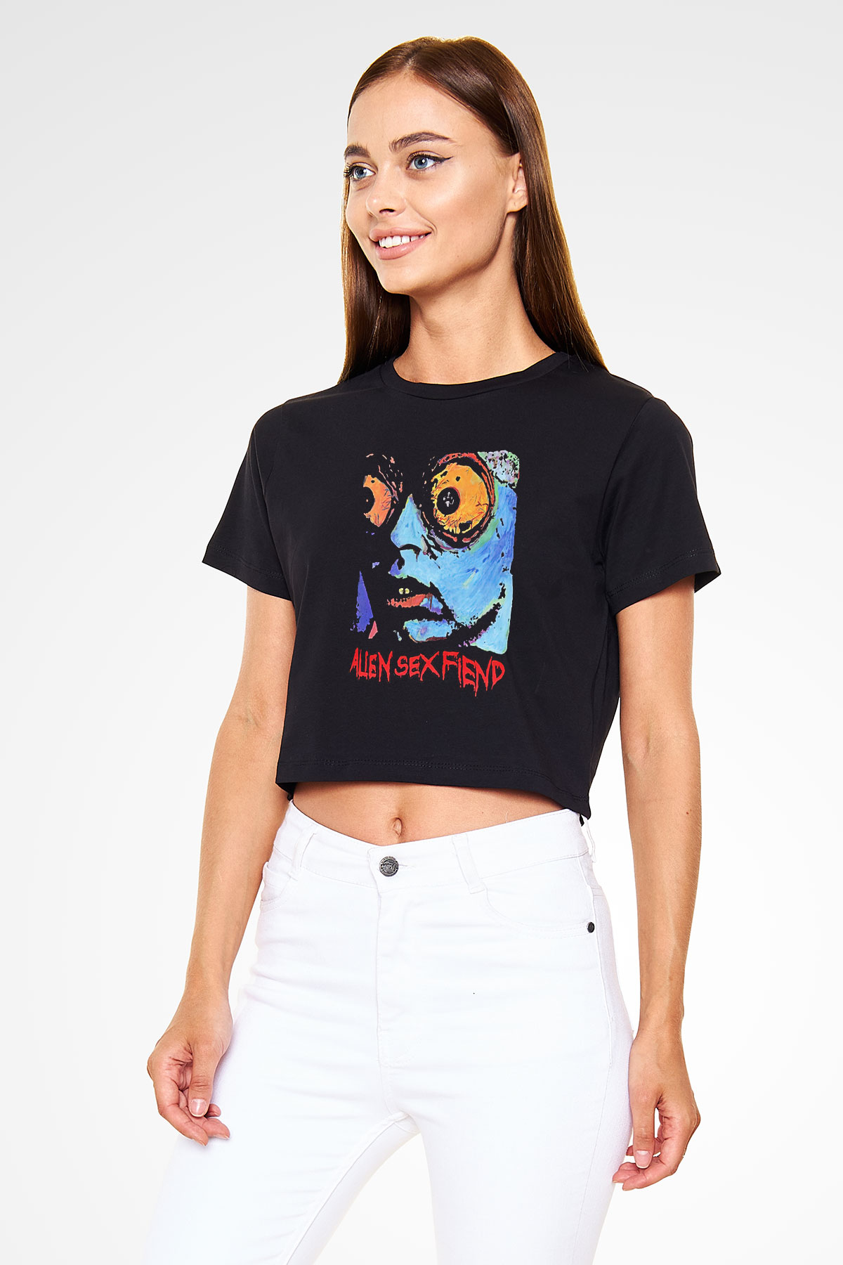 Alien Sex Fiend Baskılı Siyah Crop Top Kadın Tişört - Tshirt