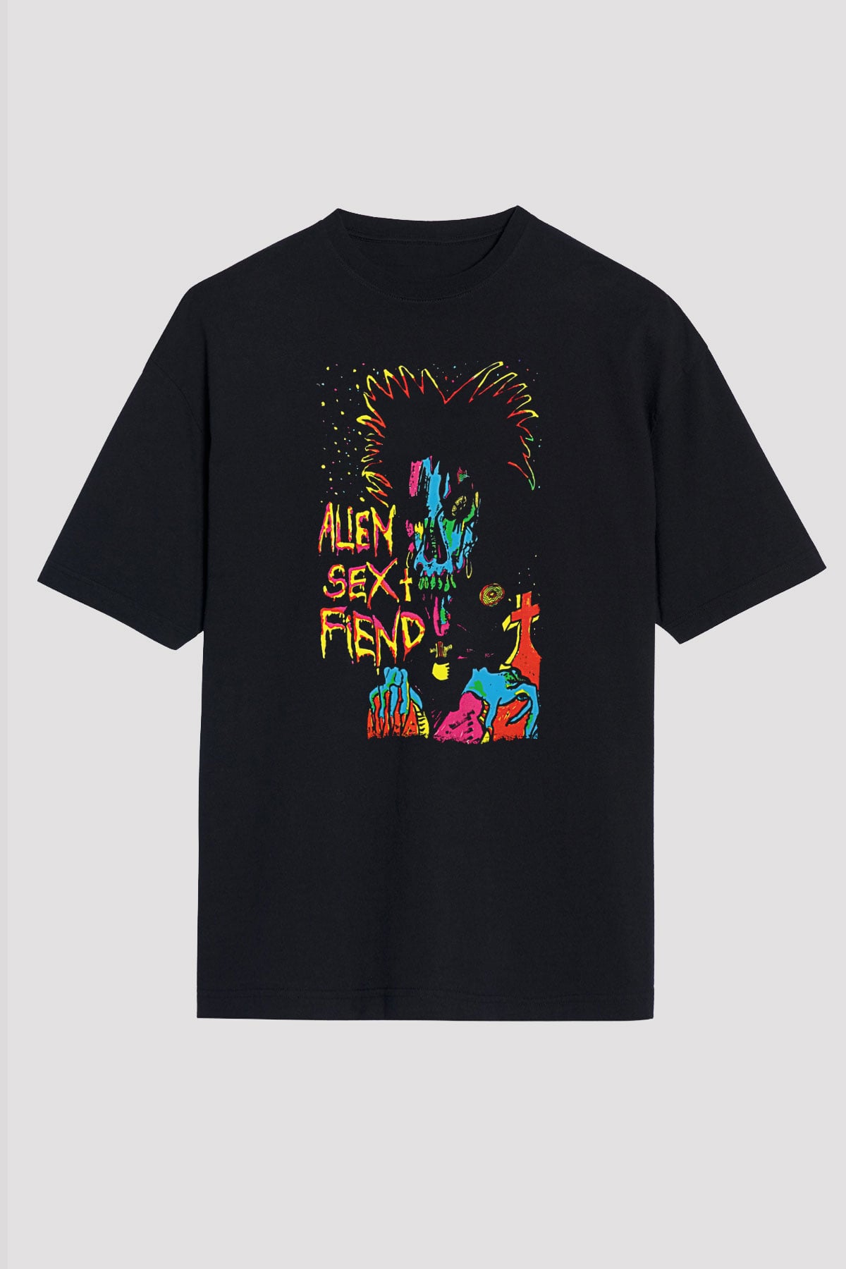 Alien Sex Fiend Baskılı Unisex Siyah Oversize Tişört - Tshirt