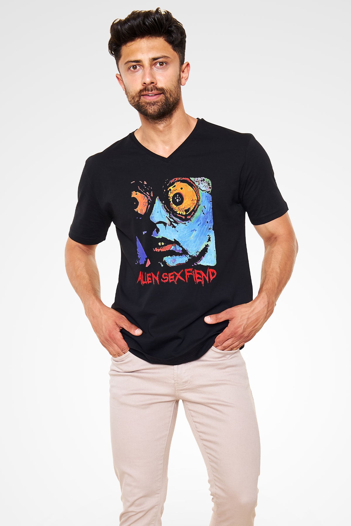 Alien Sex Fiend Baskılı Unisex Siyah V Yaka Tişört - Tshirt