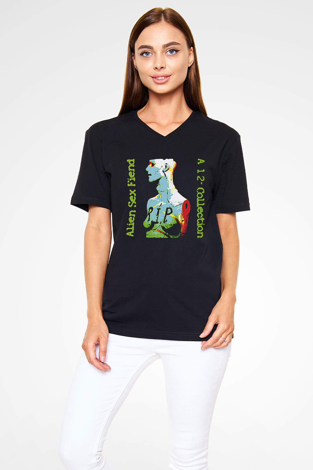 Alien Sex Fiend Baskılı Unisex Siyah V Yaka Tişört - Tshirt