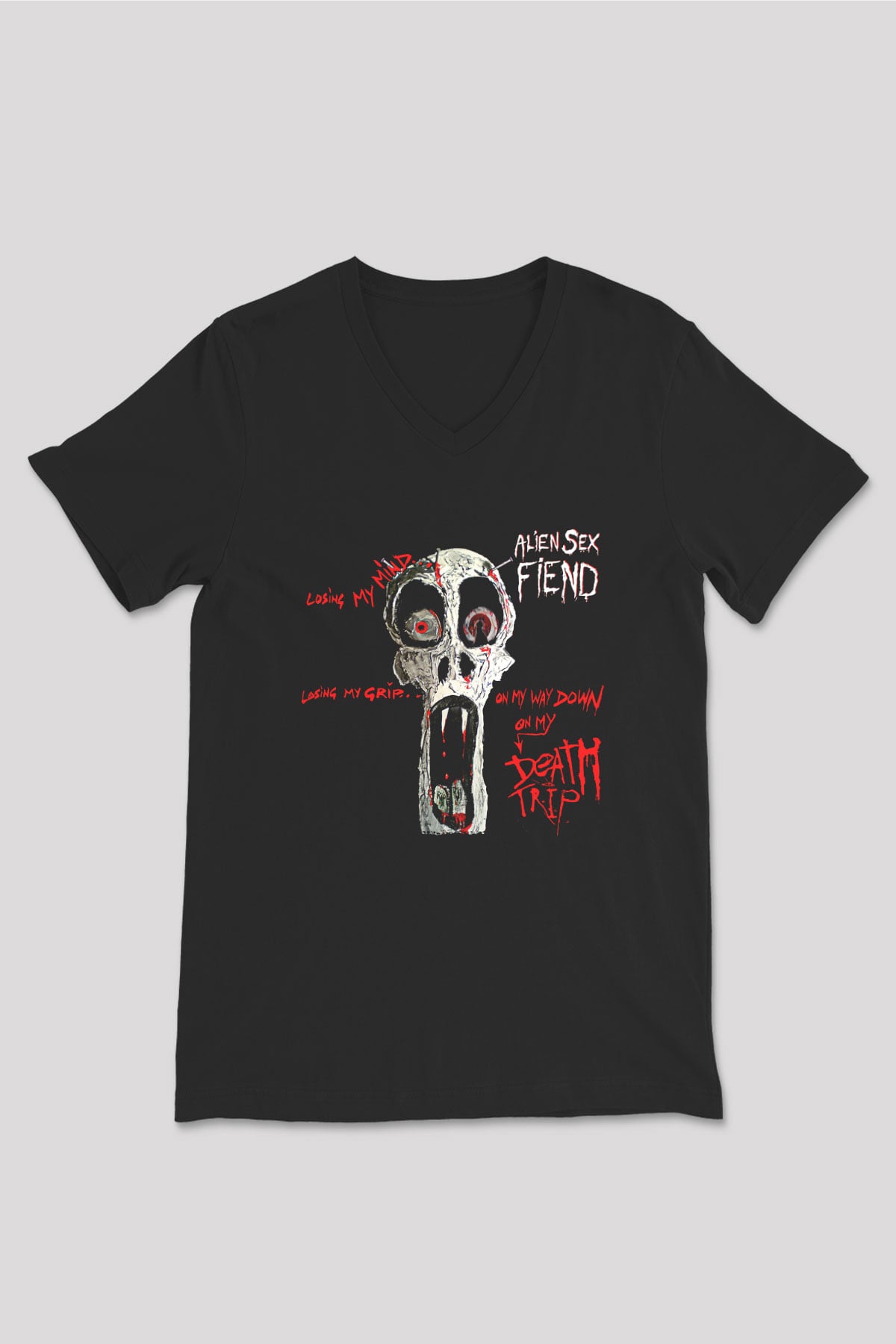 Alien Sex Fiend Baskılı Unisex Siyah V Yaka Tişört - Tshirt