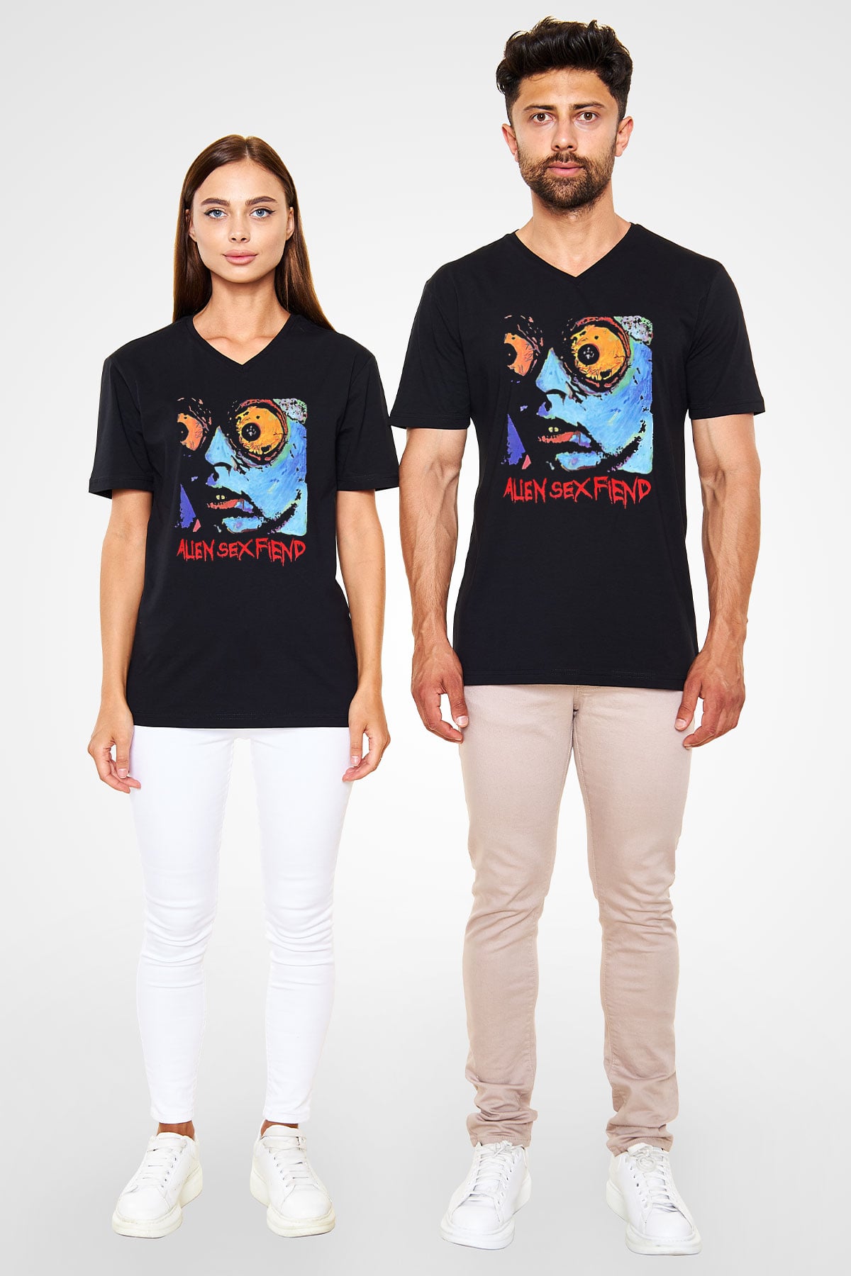 Alien Sex Fiend Baskılı Unisex Siyah V Yaka Tişört - Tshirt