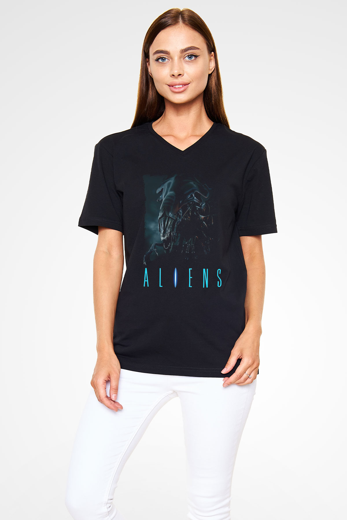 Alien Siyah Unisex V Yaka Tişört