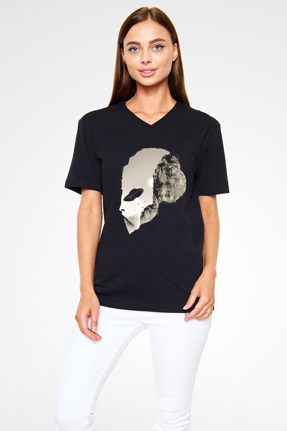 Alien Siyah Unisex V Yaka Tişört T-Shirt