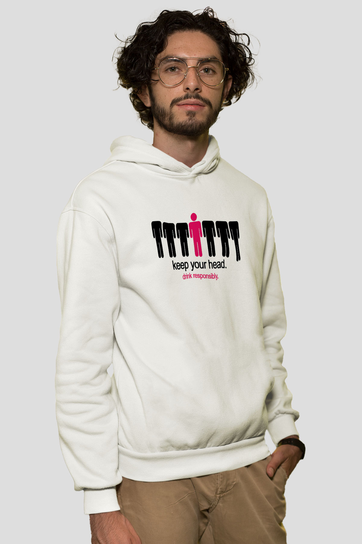 Alkol Beyaz Unisex Kapşonlu Sweatshirt