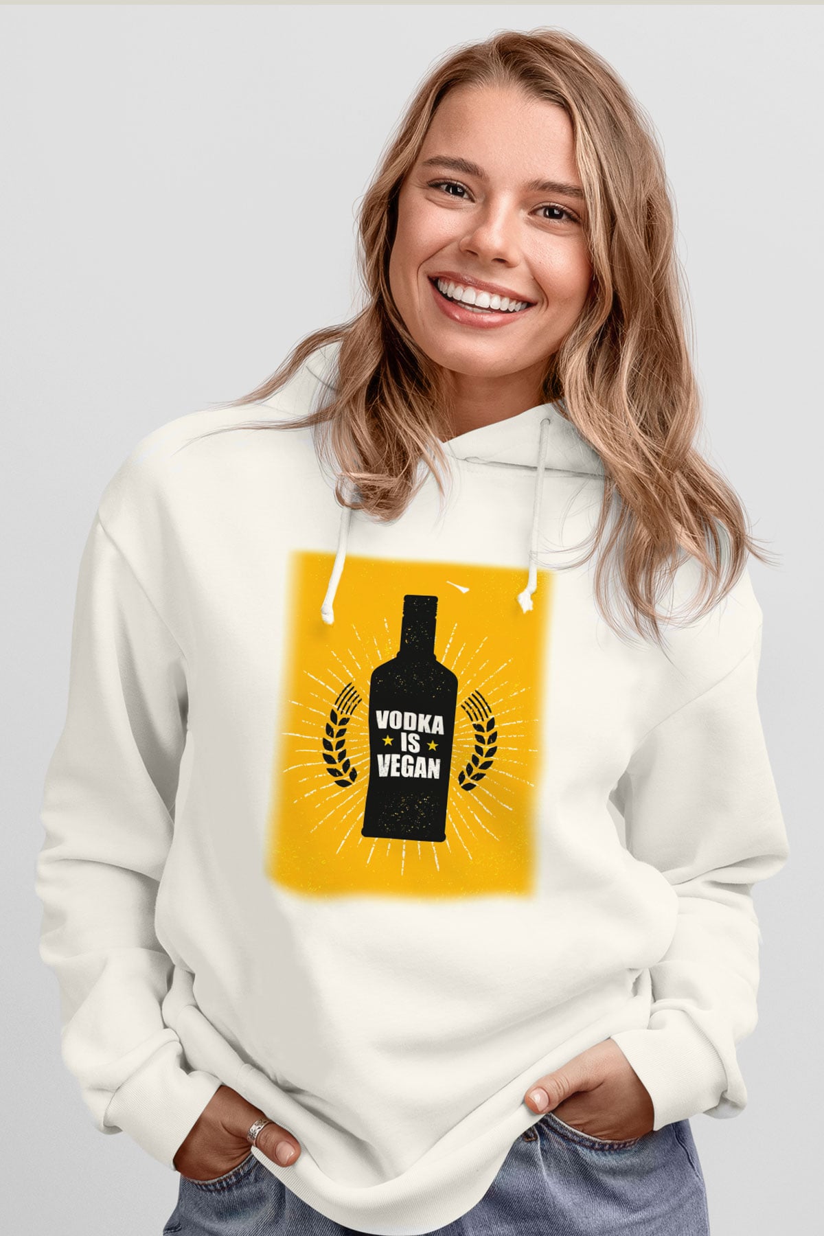 Alkol Beyaz Unisex Kapşonlu Sweatshirt