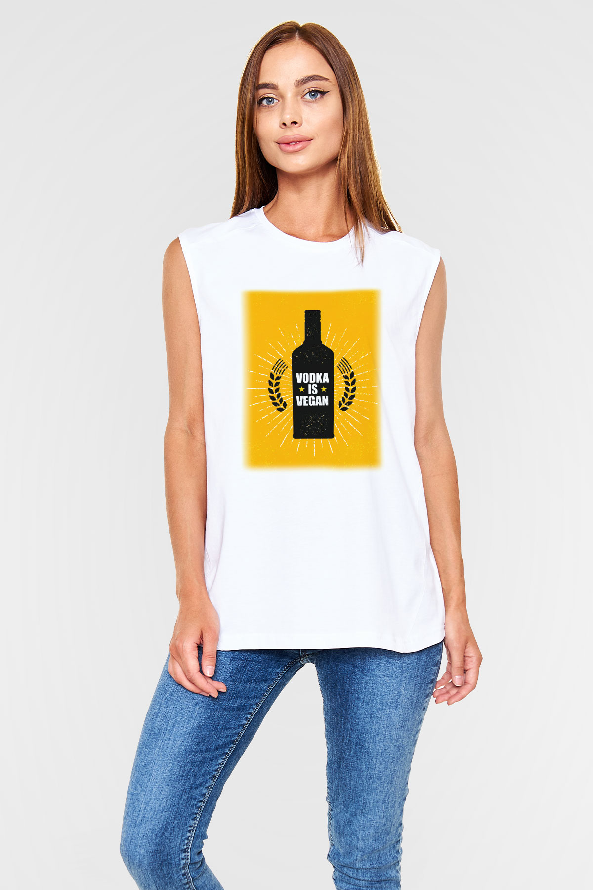 Alkol Beyaz Unisex Kolsuz Tişört