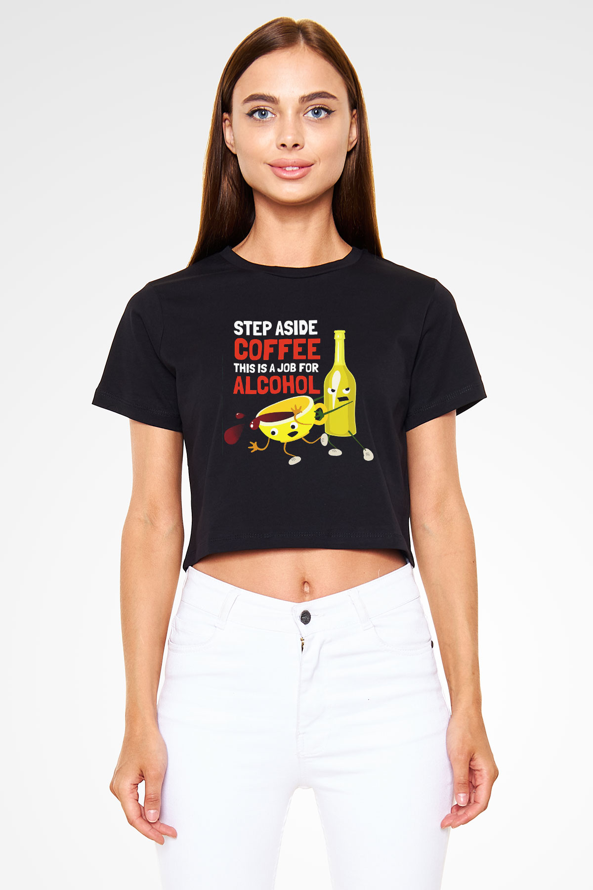 Alkol Siyah Crop Top Tişört