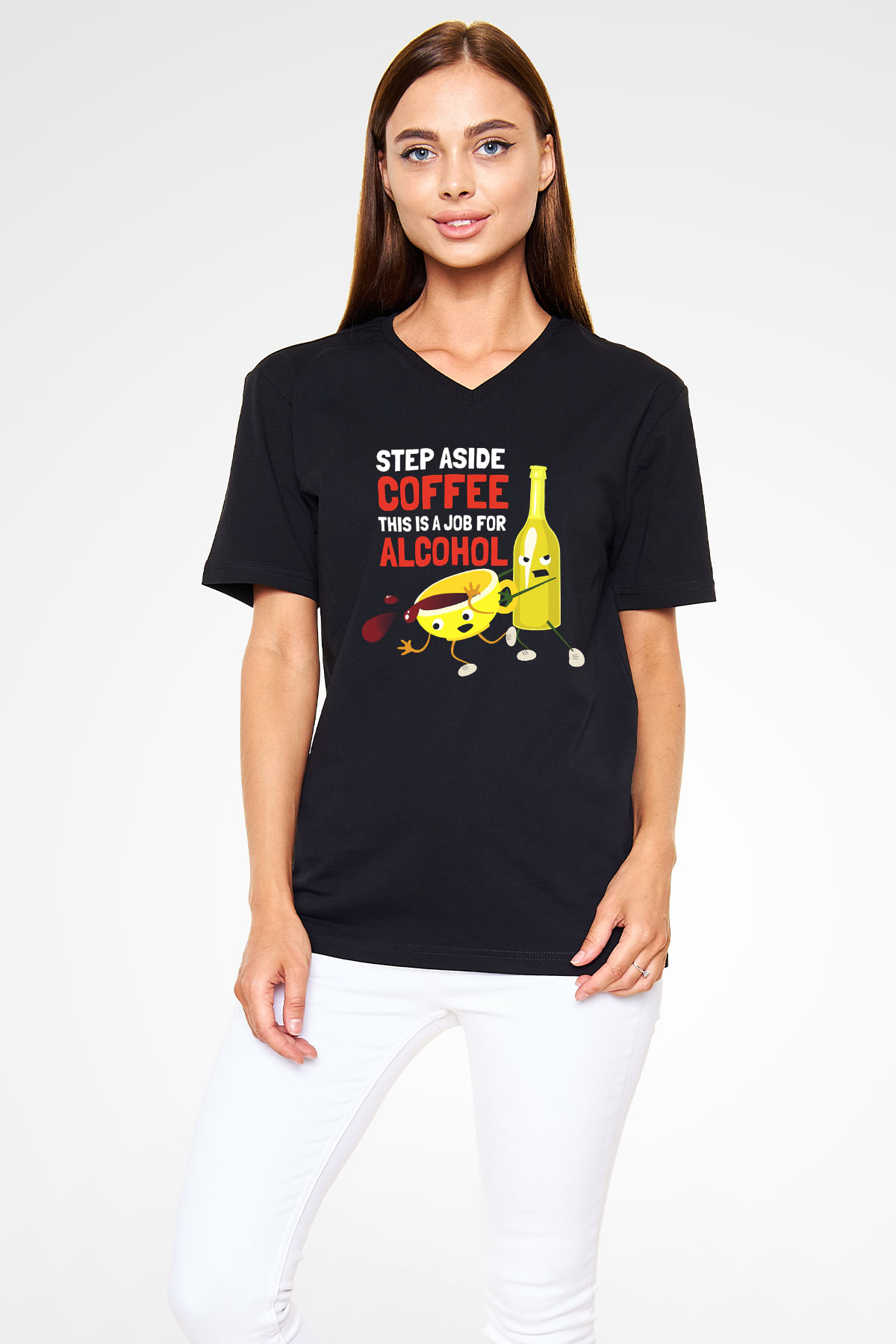 Alkol Siyah Unisex V Yaka Tişört T-Shirt