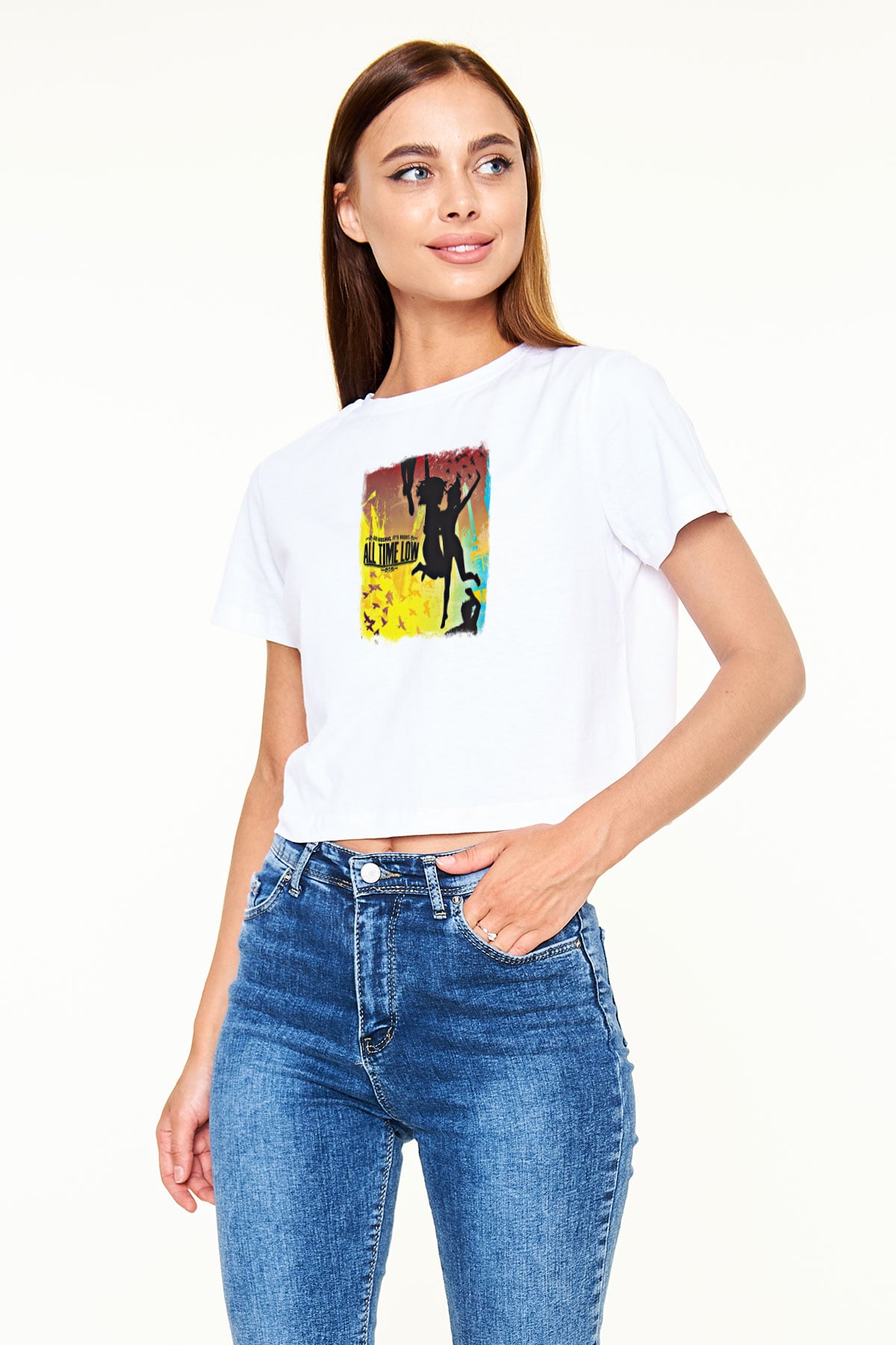 All Time Low Baskılı Unisex Beyaz Crop Top Tişört