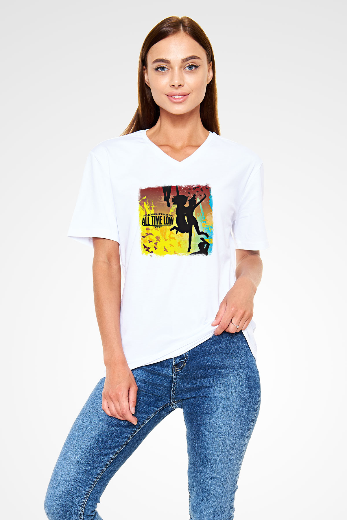 All Time Low Baskılı Unisex Beyaz V Yaka Tişört