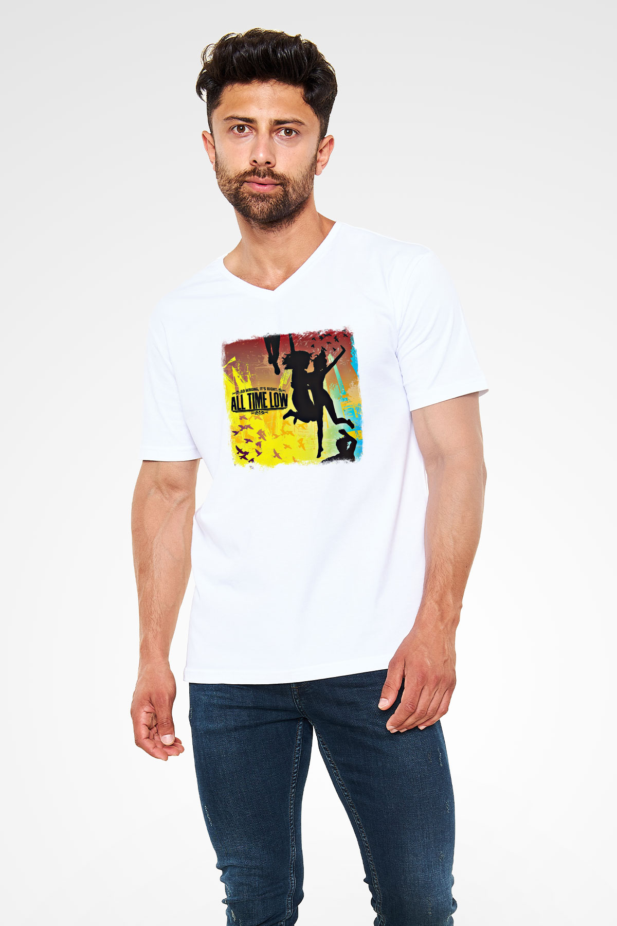 All Time Low Baskılı Unisex Beyaz V Yaka Tişört