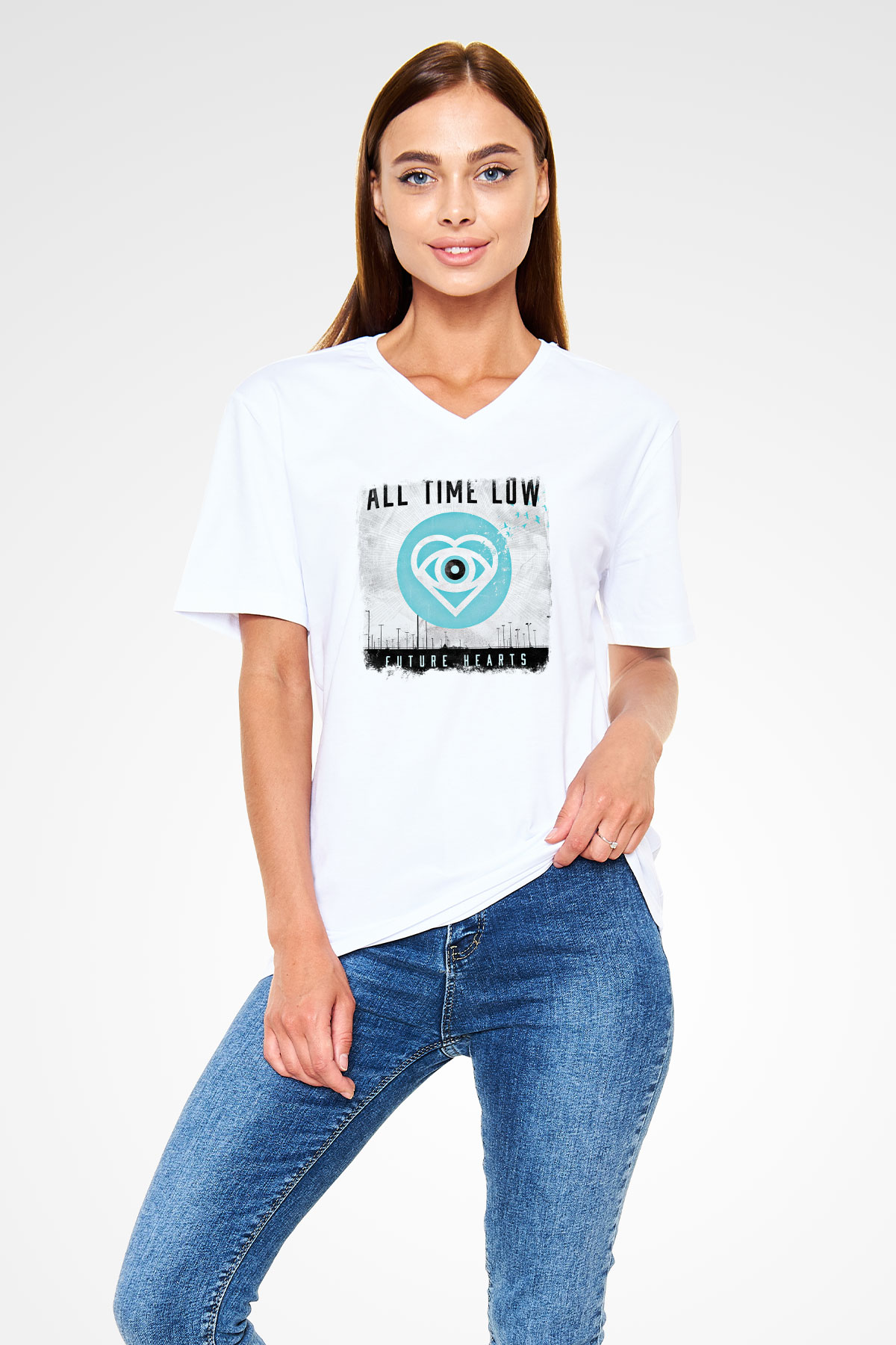All Time Low Baskılı Unisex Beyaz V Yaka Tişört