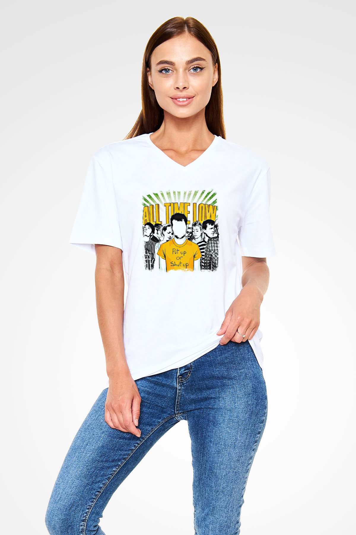 All Time Low Baskılı Unisex Beyaz V Yaka Tişört