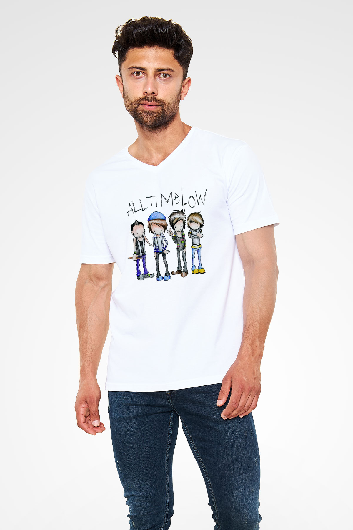 All Time Low Beyaz Unisex V Yaka Tişört