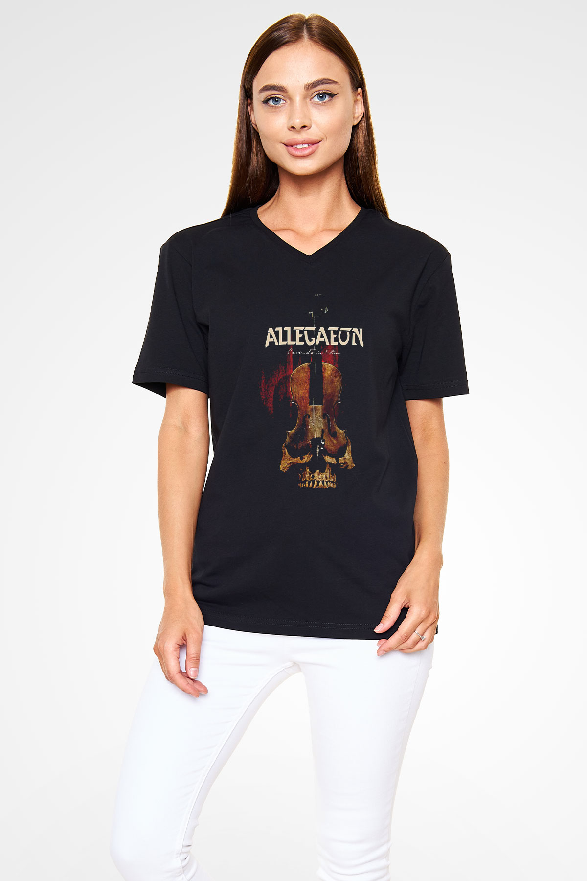 Allegaeon Baskılı Unisex Siyah V Yaka Tişört - Tshirt