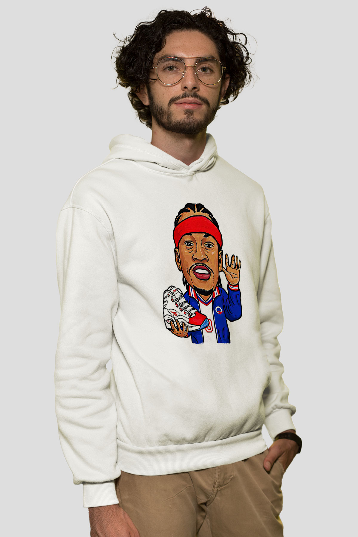 Allen Iverson Baskılı Beyaz Unisex Kapüşonlu Sweatshirt