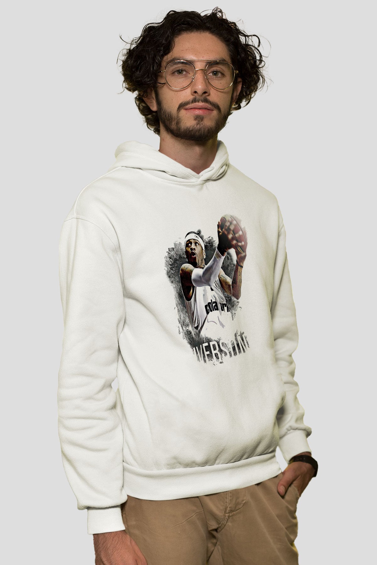 Allen Iverson Baskılı Beyaz Unisex Kapüşonlu Sweatshirt