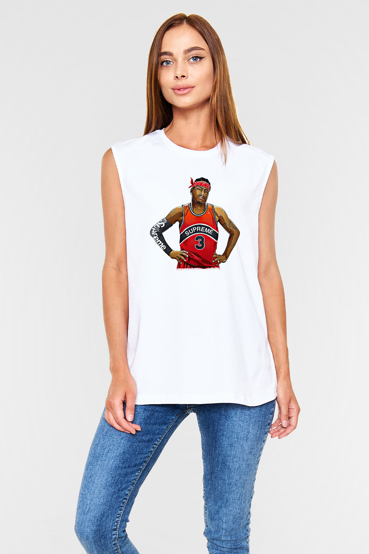 Allen Iverson Baskılı Beyaz Unisex Kolsuz Tişört - Tshirt
