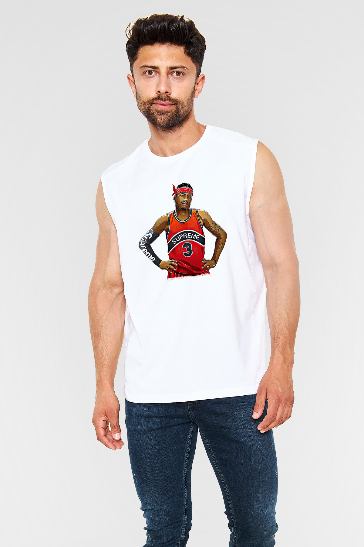 Allen Iverson Baskılı Beyaz Unisex Kolsuz Tişört - Tshirt