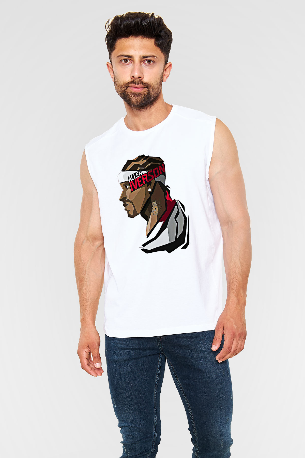 Allen Iverson Baskılı Beyaz Unisex Kolsuz Tişört - Tshirt
