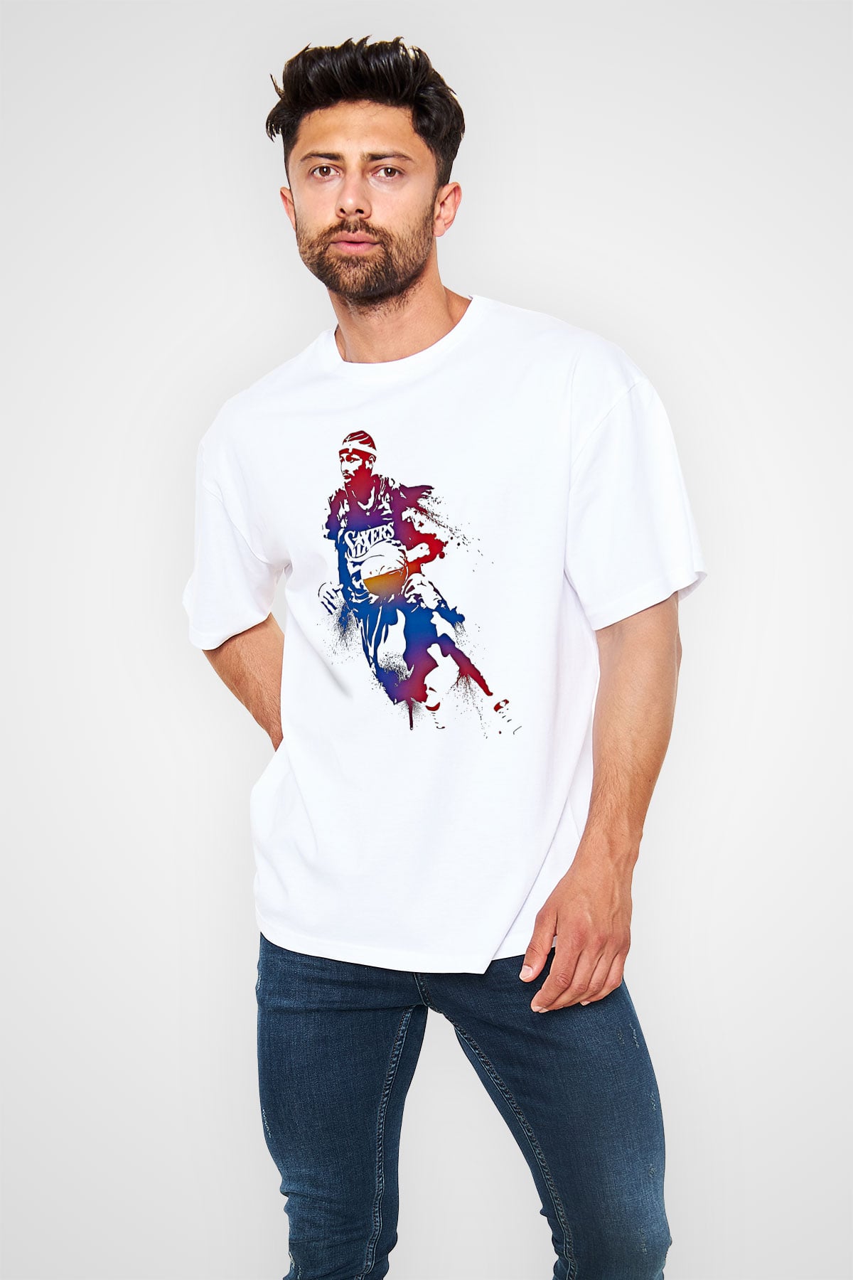 Allen Iverson Baskılı Beyaz Unisex Oversize Tişört - Tshirt