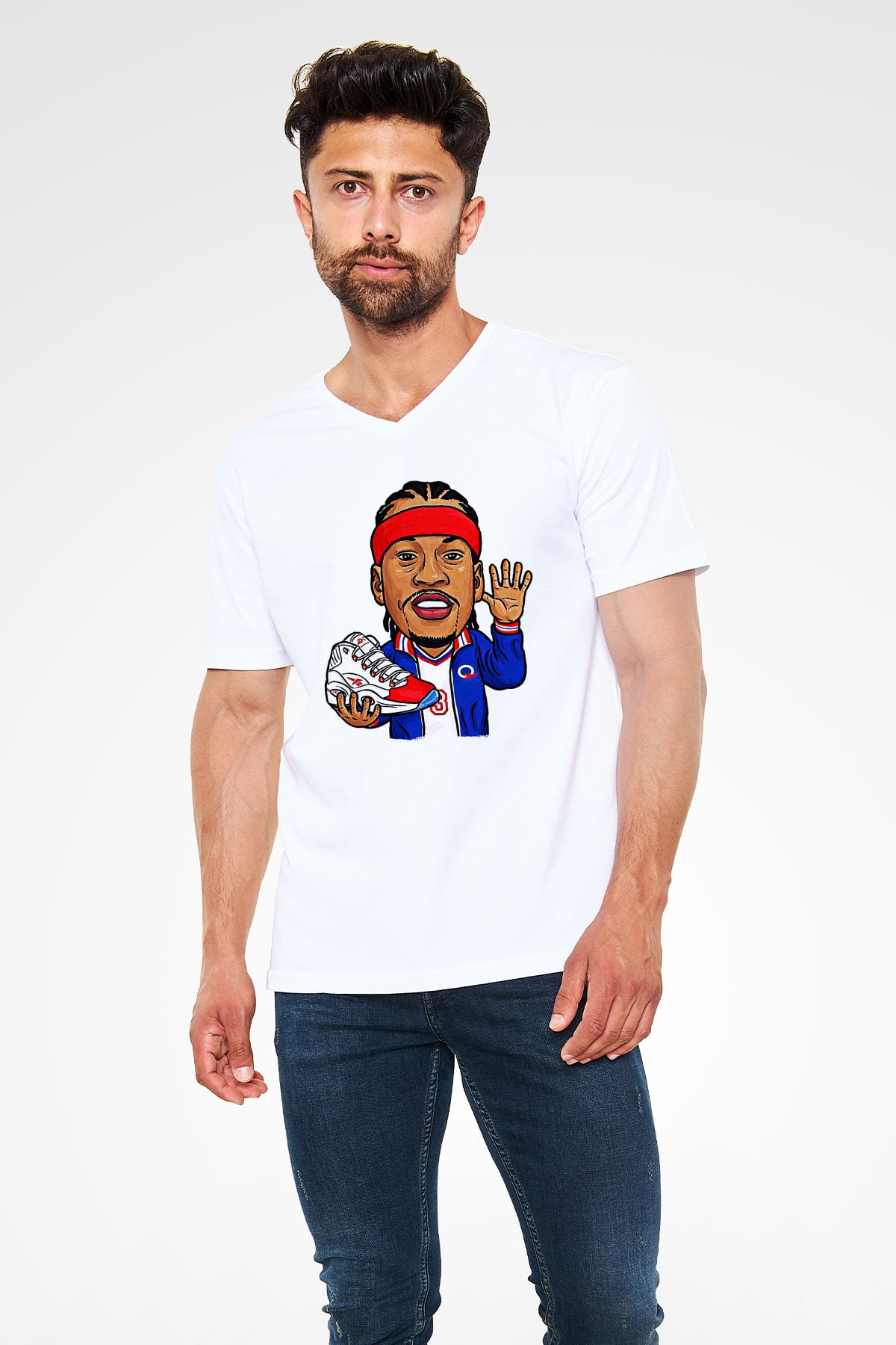 Allen Iverson Baskılı Beyaz Unisex V Yaka Tişört - Tshirt