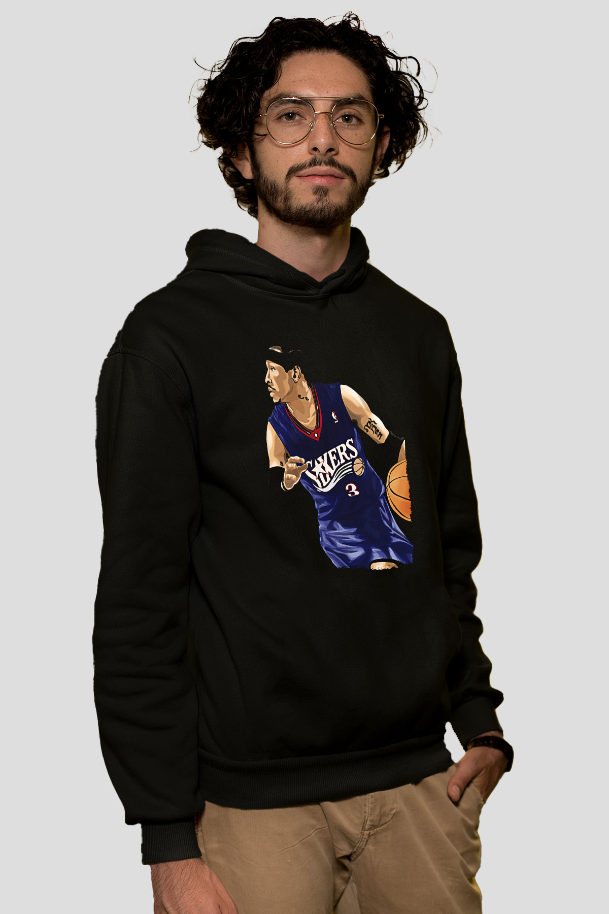 Allen Iverson Baskılı Unisex Siyah Kapüşonlu Sweatshirt