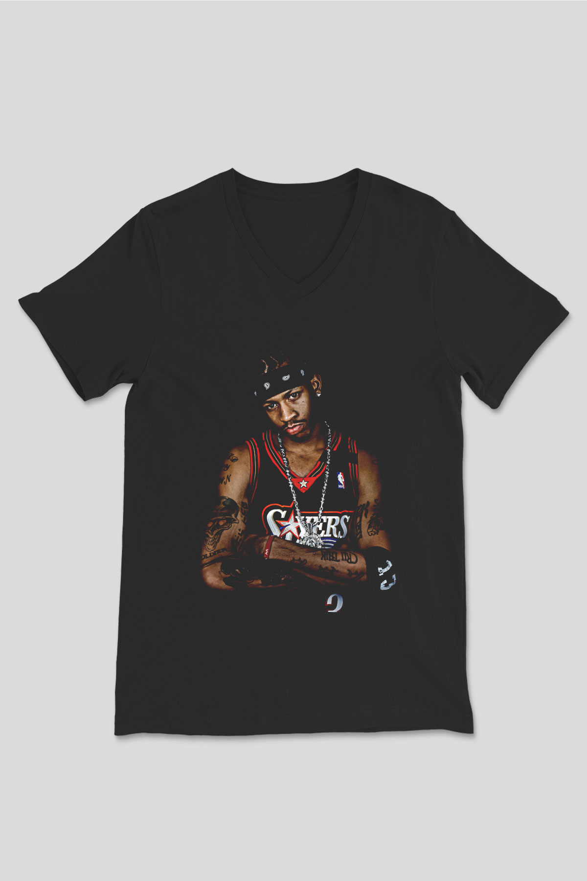 Allen Iverson Baskılı Unisex Siyah V Yaka Tişört - Tshirt