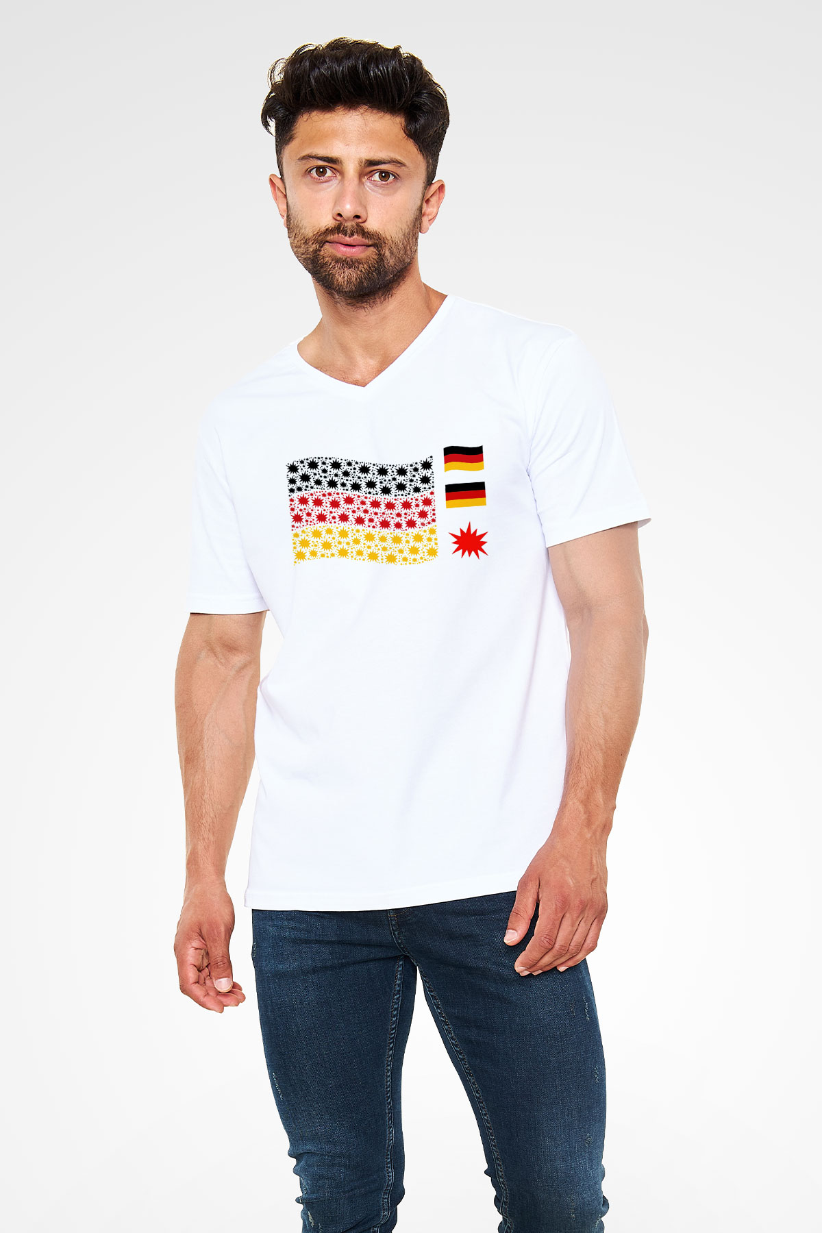 Almanya Beyaz Unisex V Yaka Tişört T-Shirt