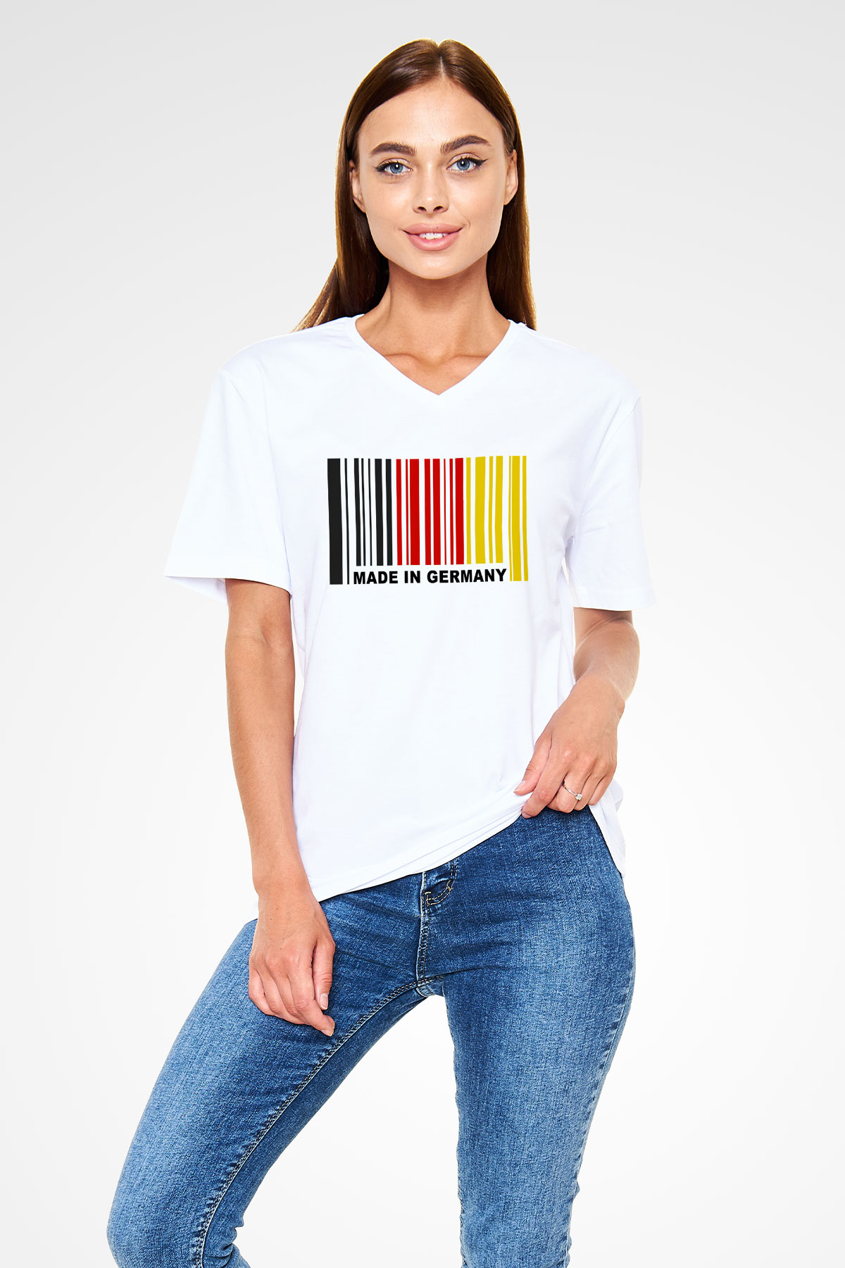 Almanya Beyaz Unisex V Yaka Tişört T-Shirt