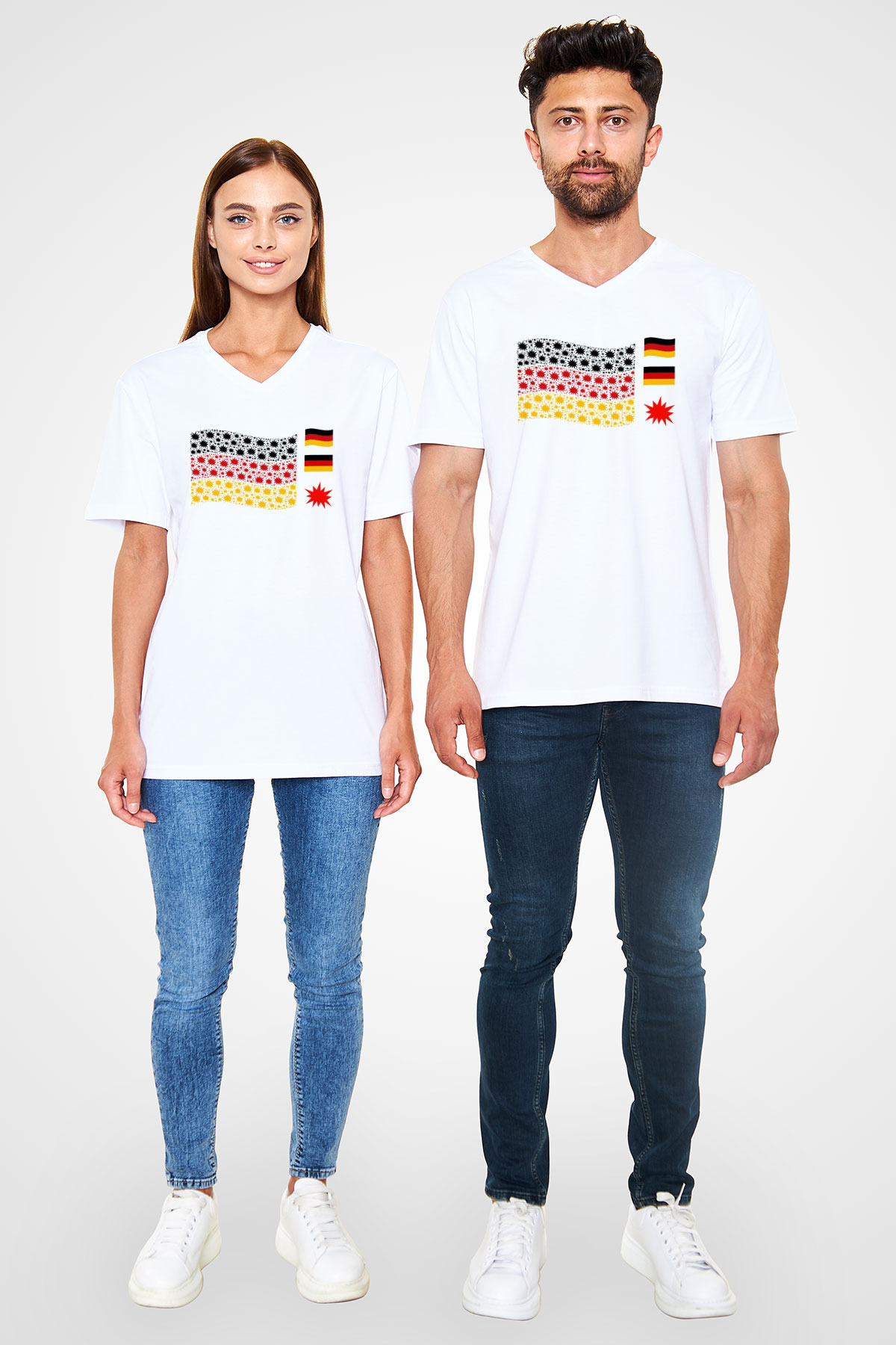 Almanya Beyaz Unisex V Yaka Tişört T-Shirt