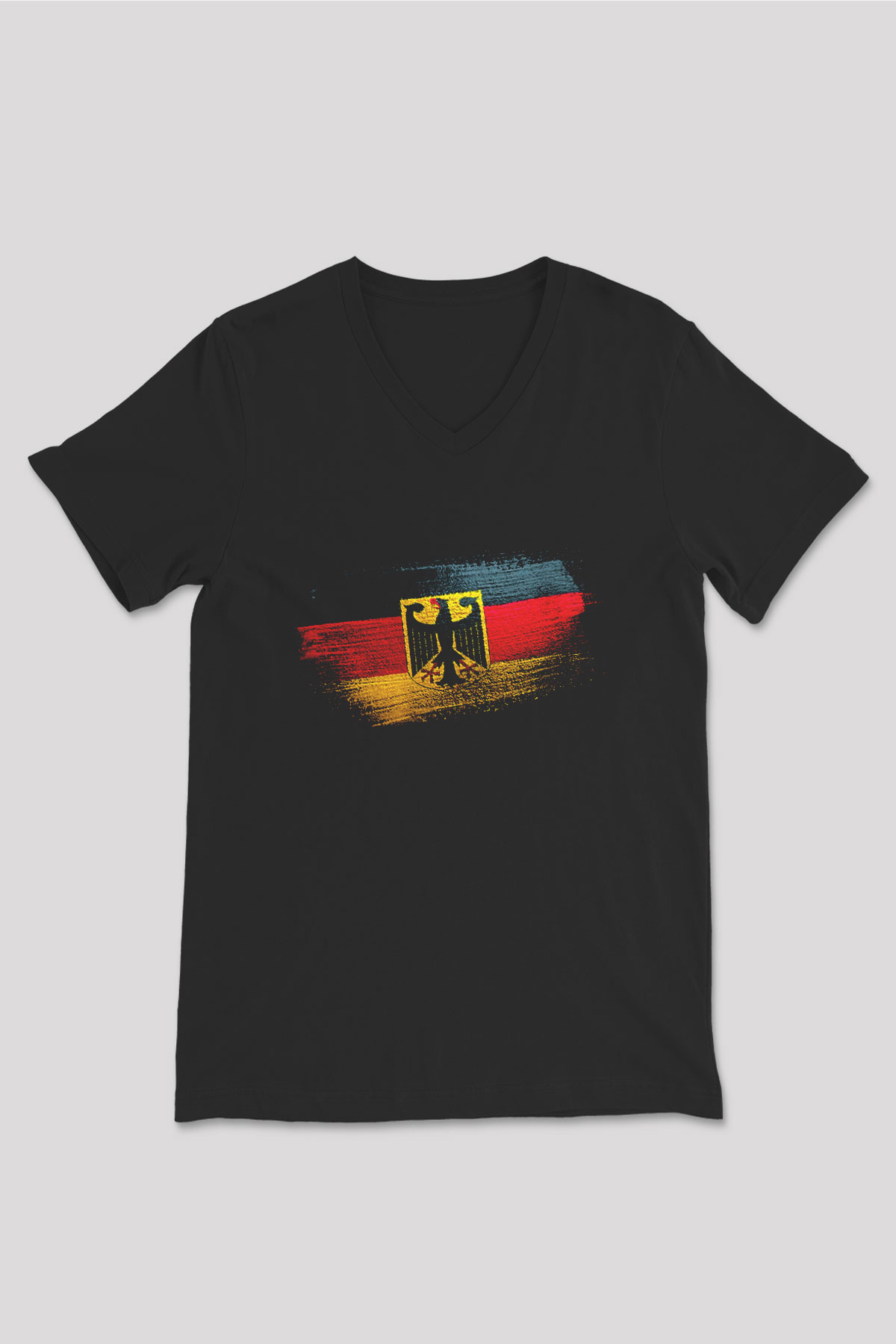 Almanya - Germany Bayrağı Baskılı Unisex Siyah V Yaka Tişört