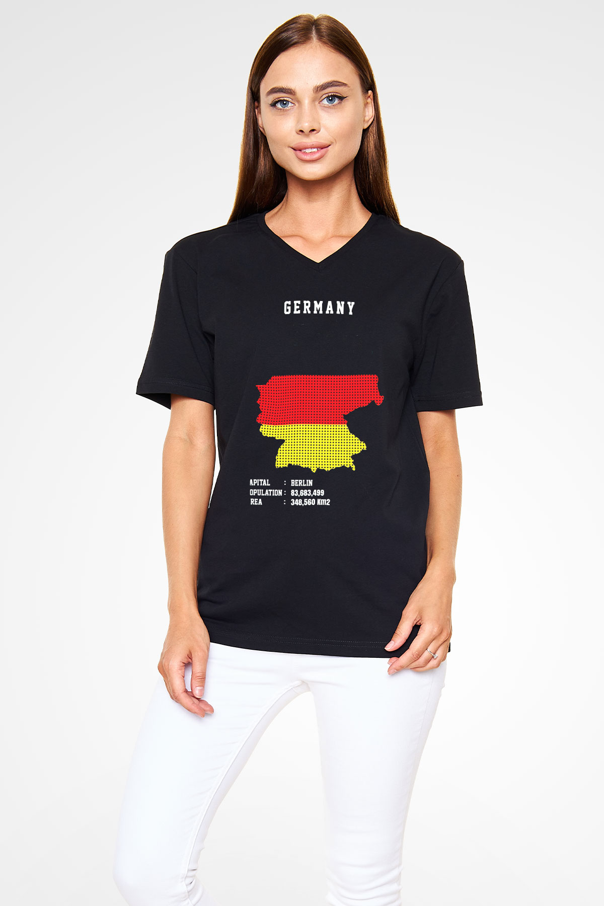 Almanya Siyah Unisex V Yaka Tişört