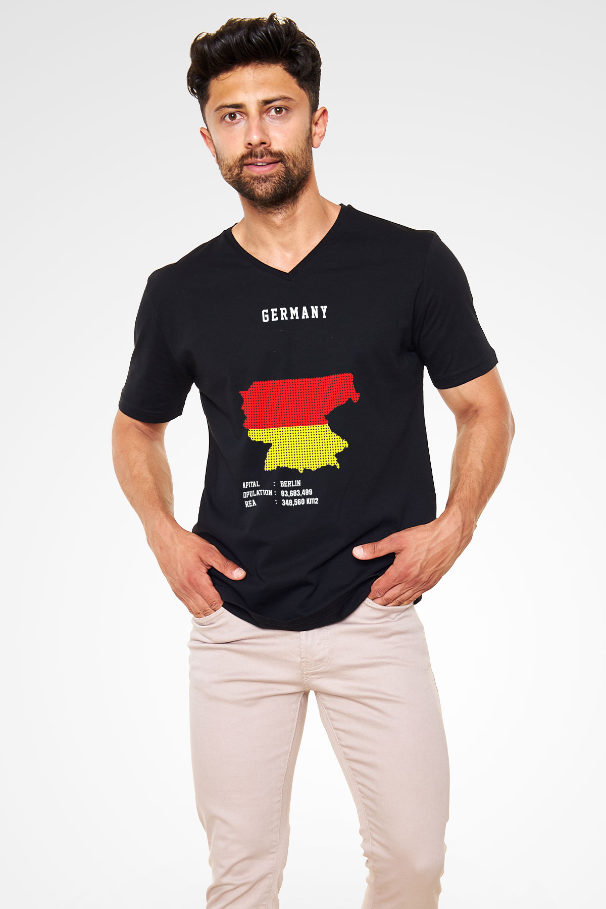 Almanya Siyah Unisex V Yaka Tişört