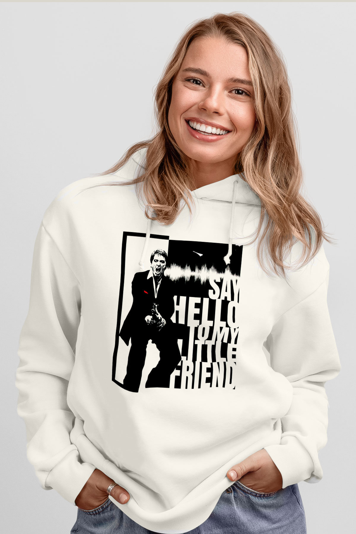 Alpacino Say Hello To My Little Friend Beyaz Unisex Kapüşonlu Sweatshirt