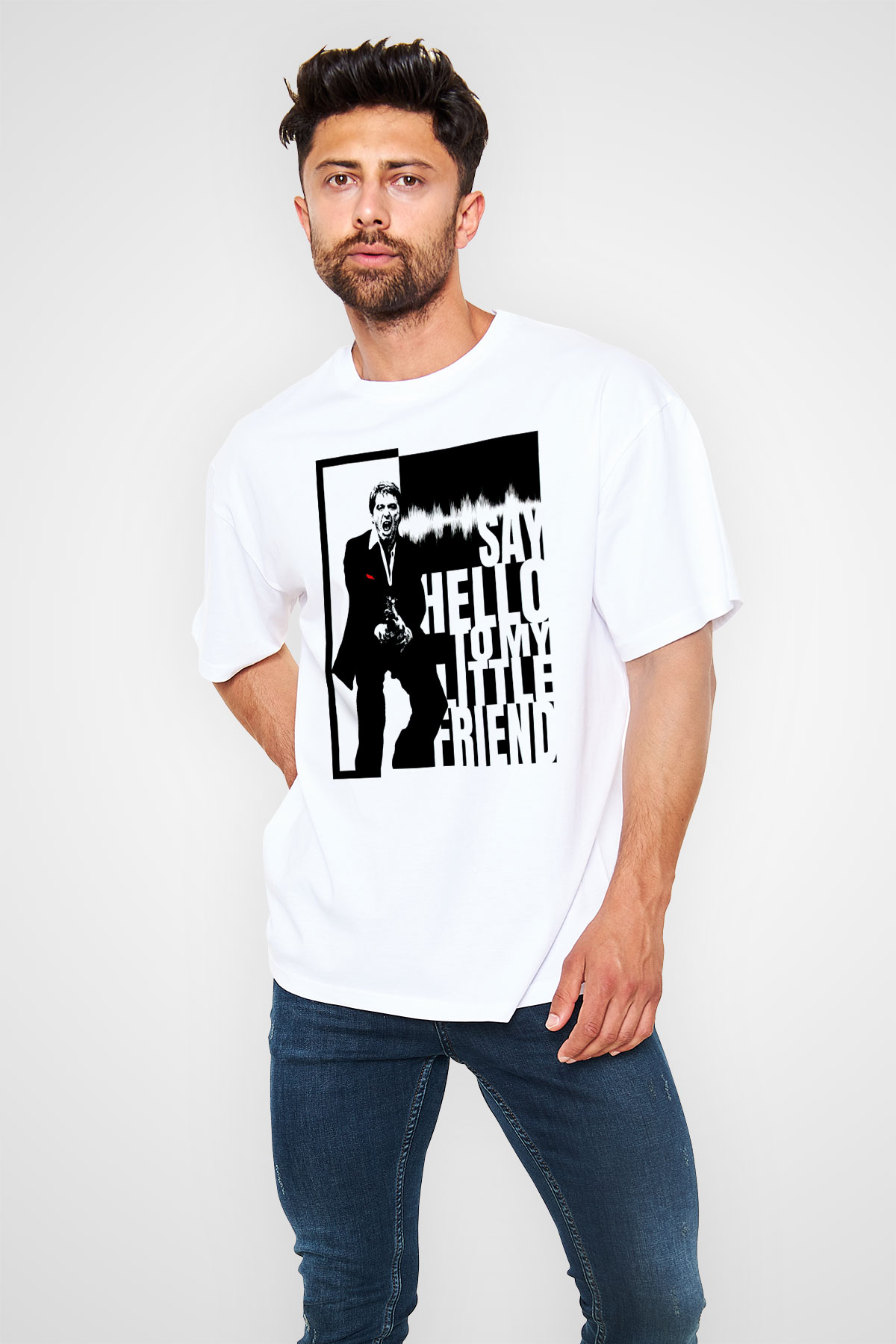 Alpacino Say Hello To My Little Friend Beyaz Oversize Tişört Oversize T-shirt - TişörtFabrikası