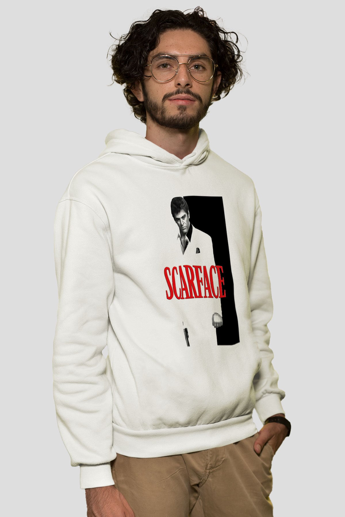 Alpacino Scarface Beyaz Unisex Kapşonlu Sweatshirt
