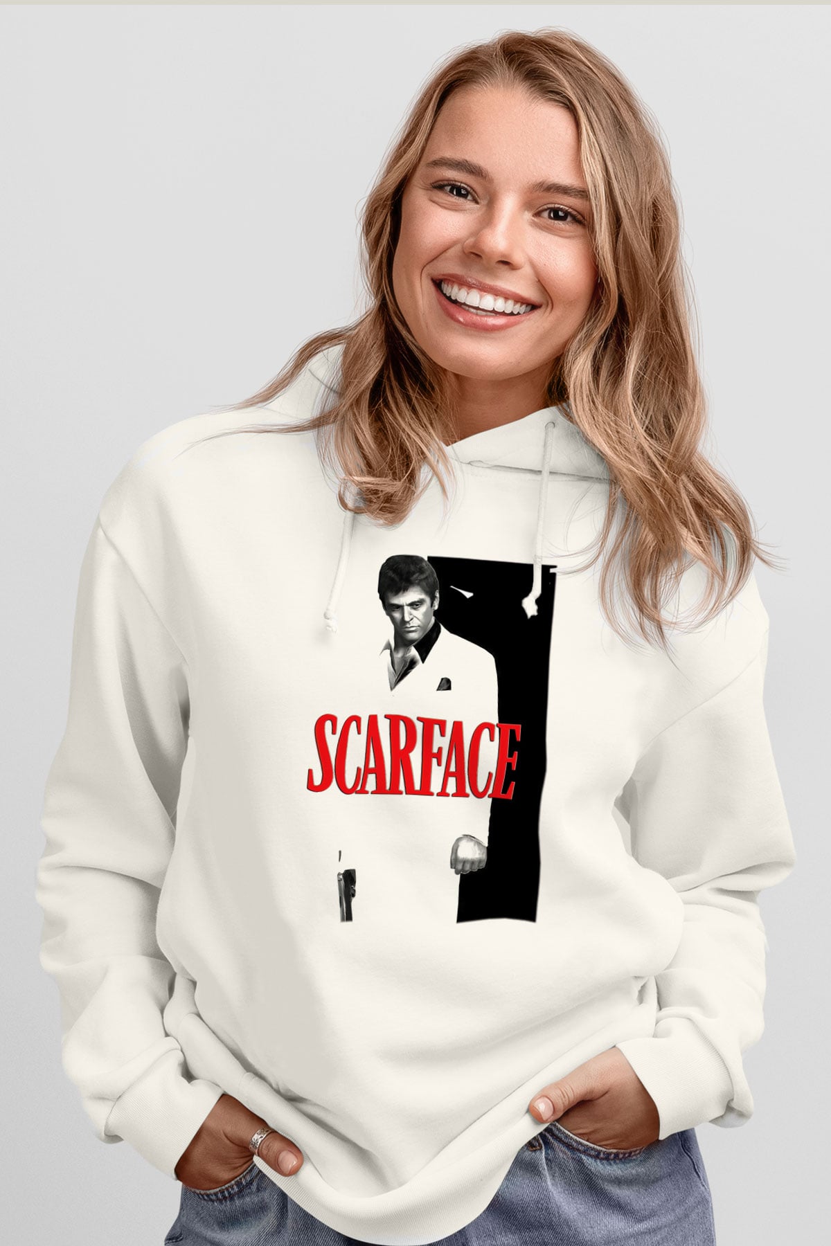 Alpacino Scarface Beyaz Unisex Kapşonlu Sweatshirt