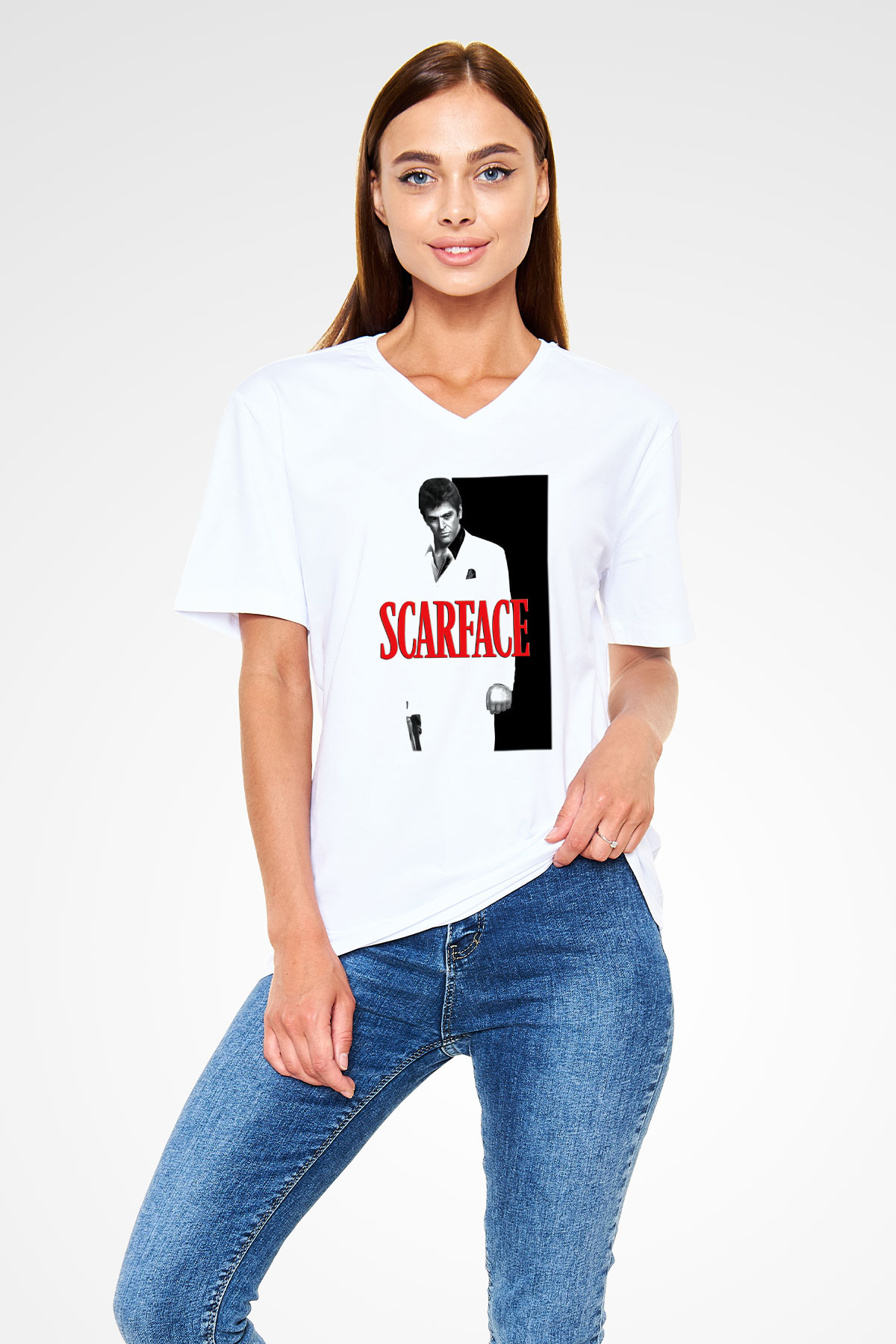 Alpacino Scarface Beyaz Unisex V Yaka Tişört T-Shirt