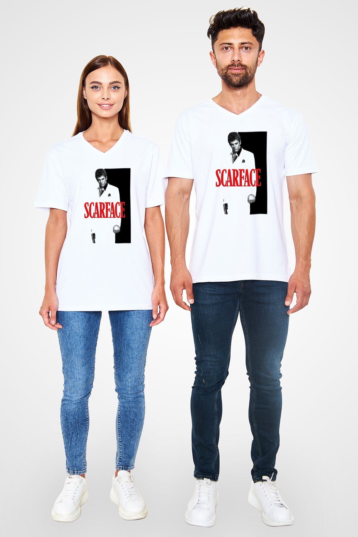 Alpacino Scarface Beyaz Unisex V Yaka Tişört T-Shirt