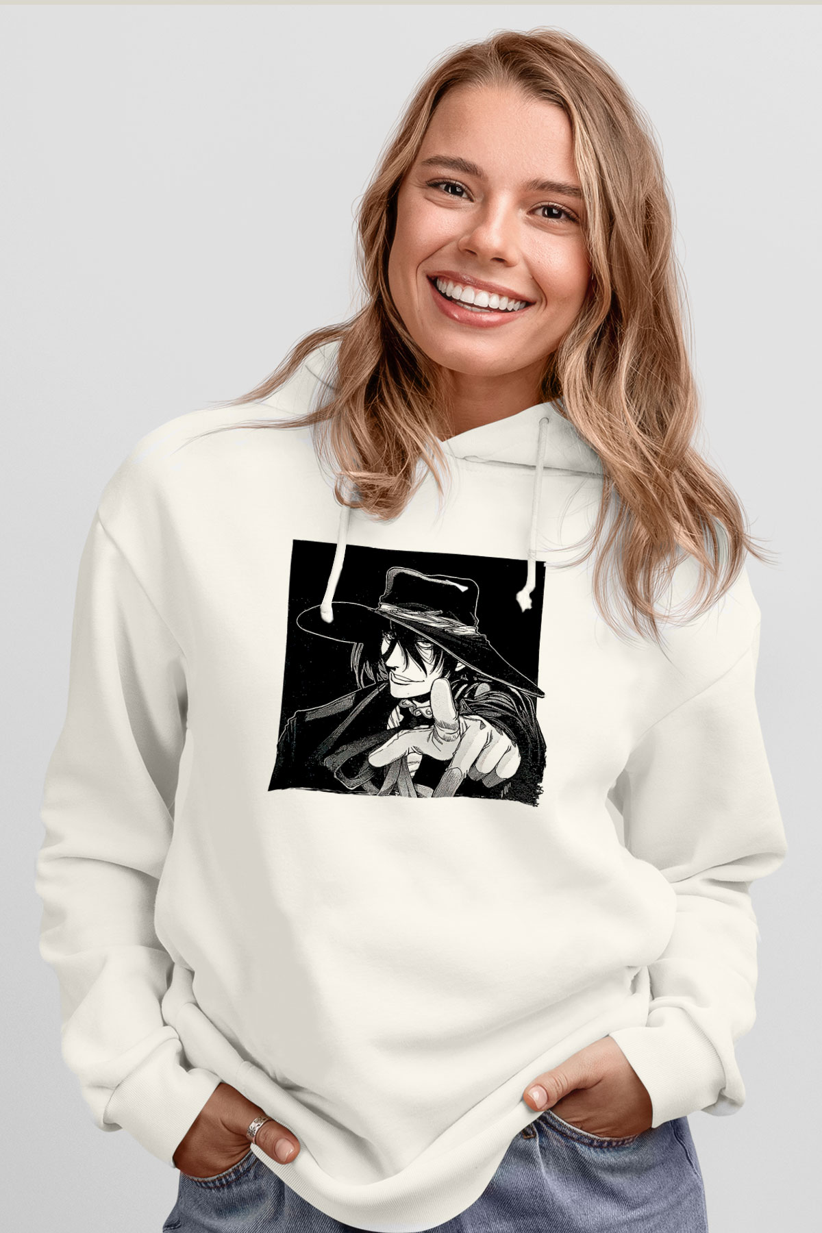 Alucard Baskılı Beyaz Unisex Hoodie