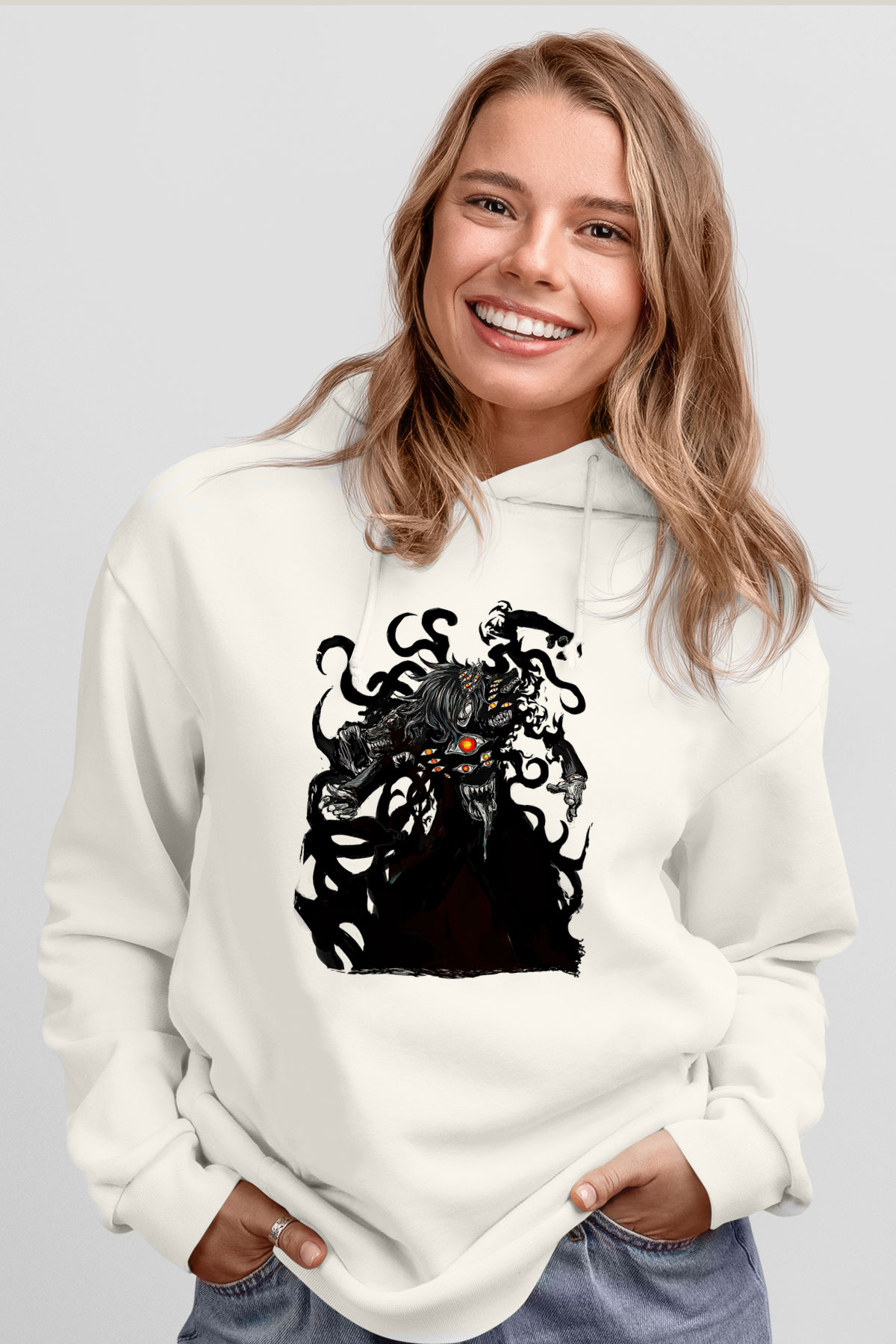Alucard Baskılı Beyaz Unisex Hoodie