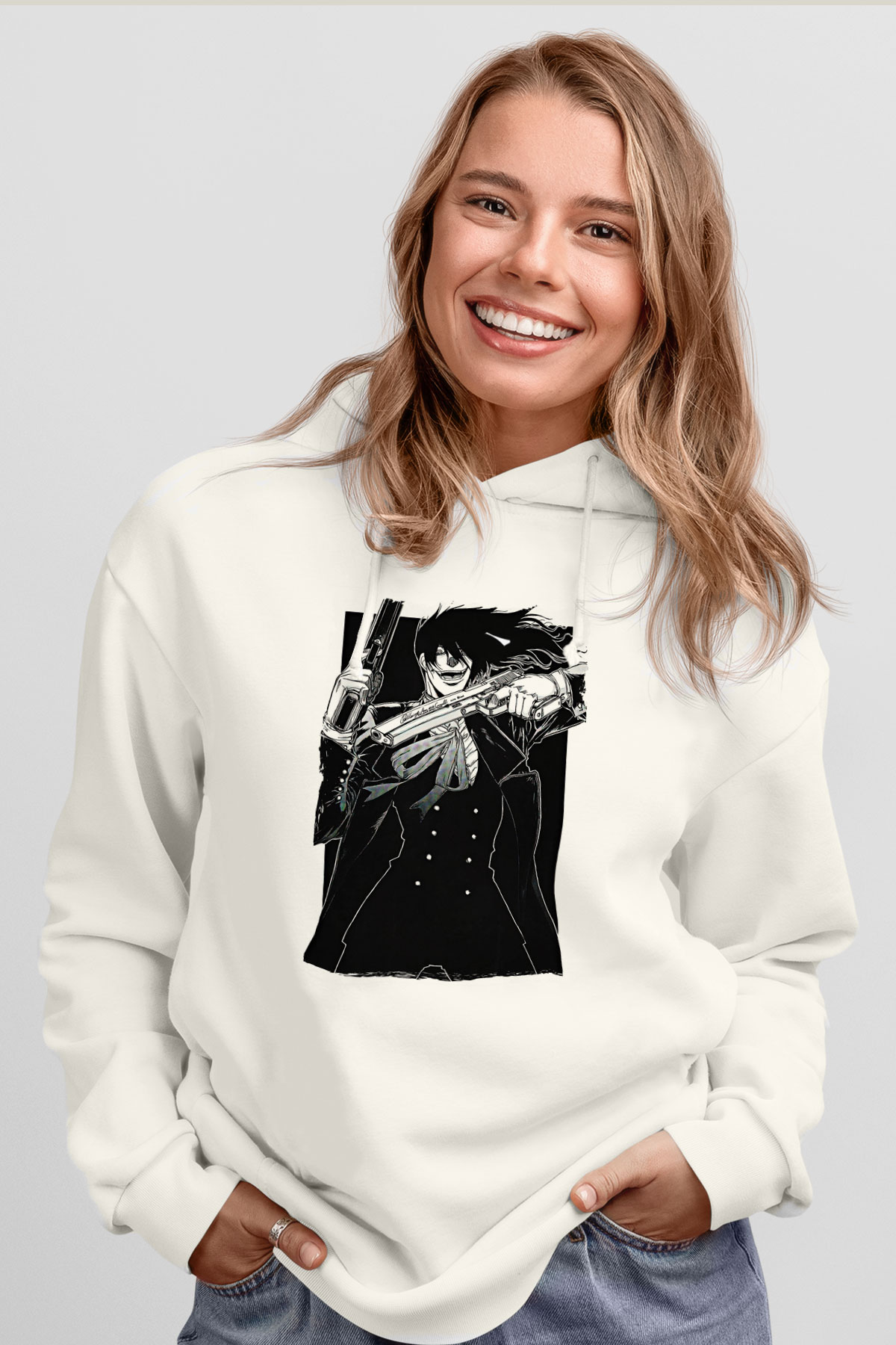 Alucard Baskılı Beyaz Unisex Hoodie