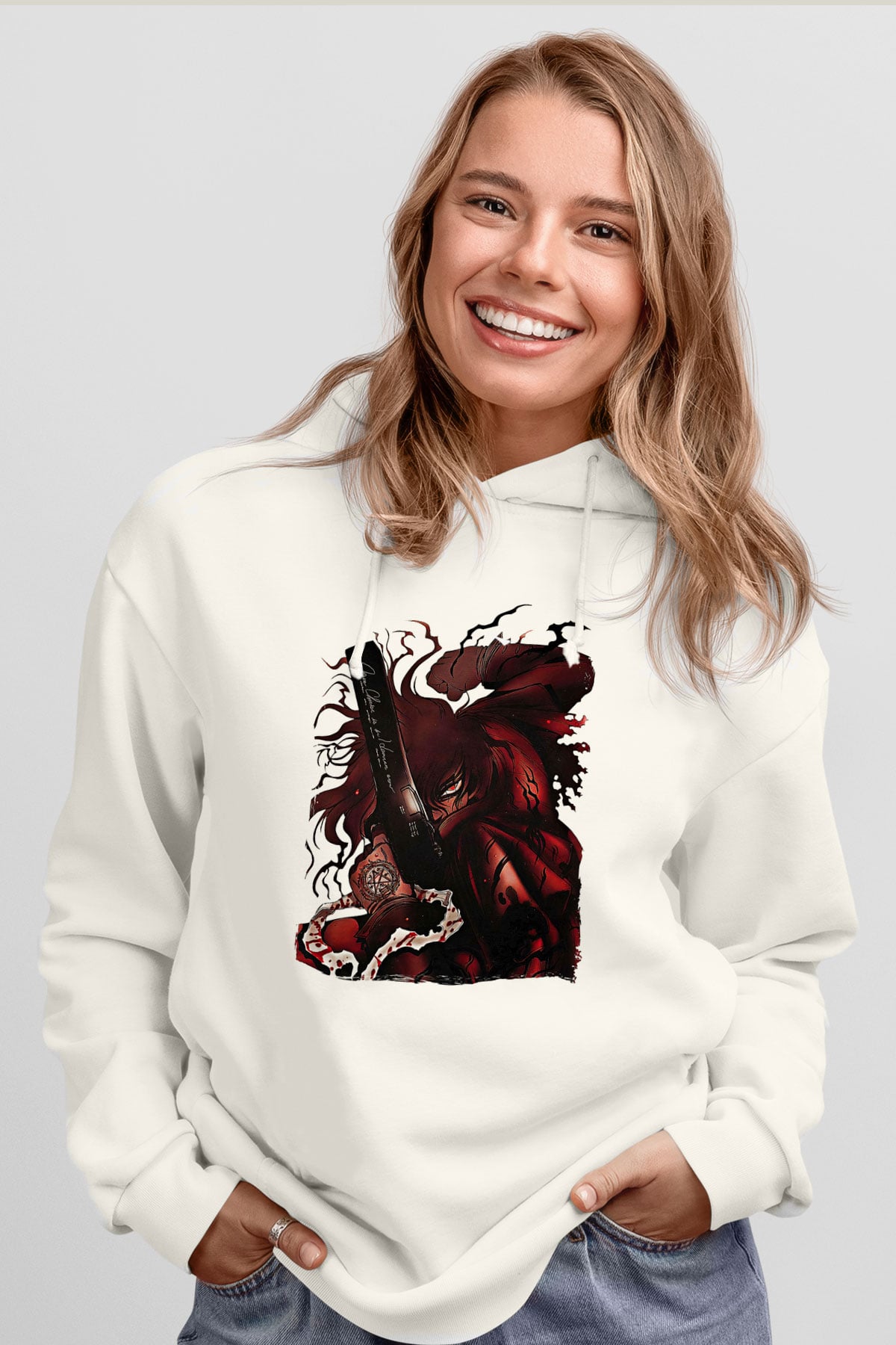 Alucard Baskılı Beyaz Unisex Hoodie