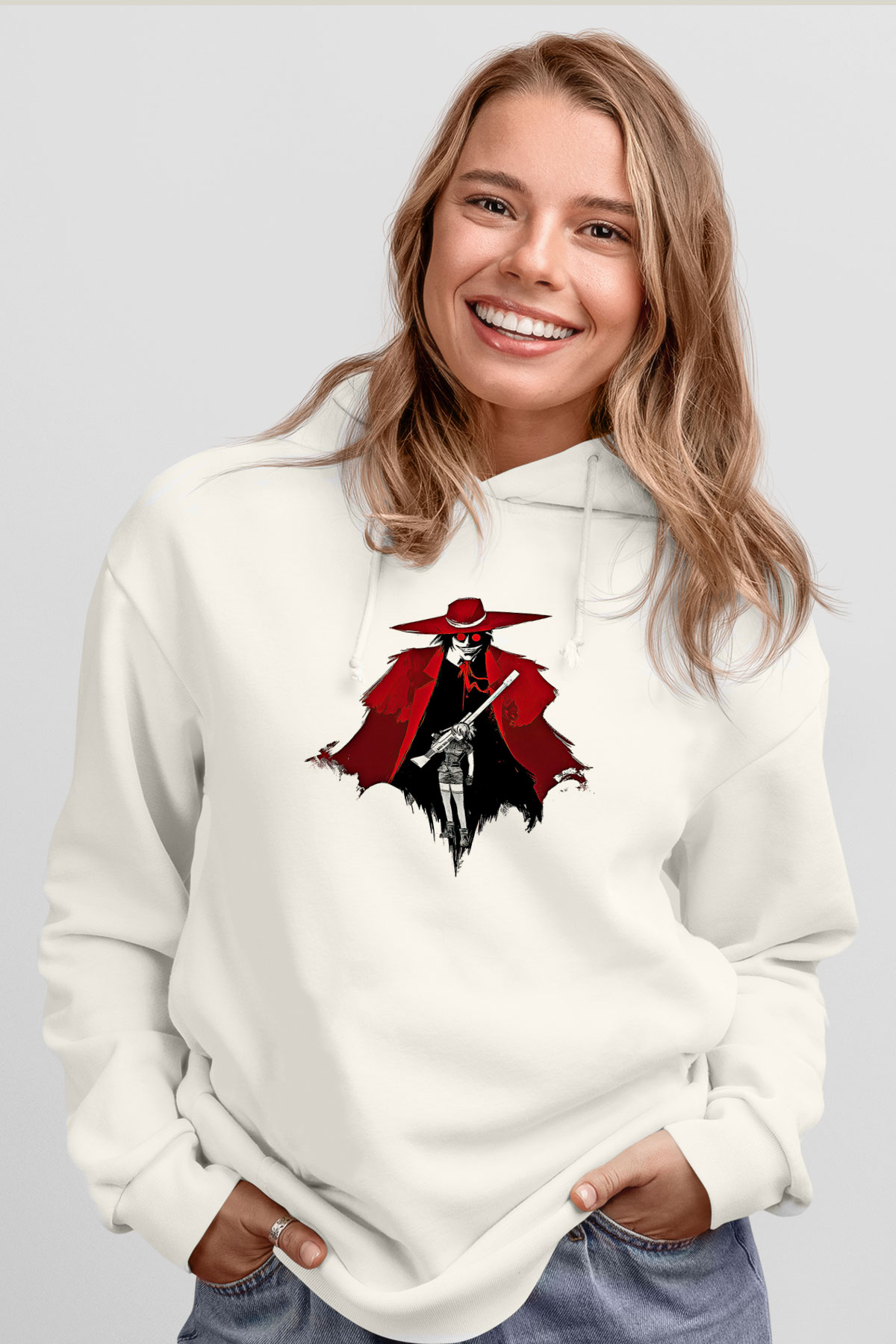 Alucard Baskılı Beyaz Unisex Hoodie