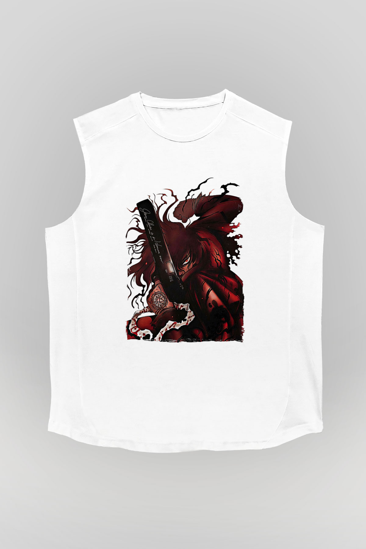 Alucard Baskılı Beyaz Unisex Kolsuz Tişört - Tshirt