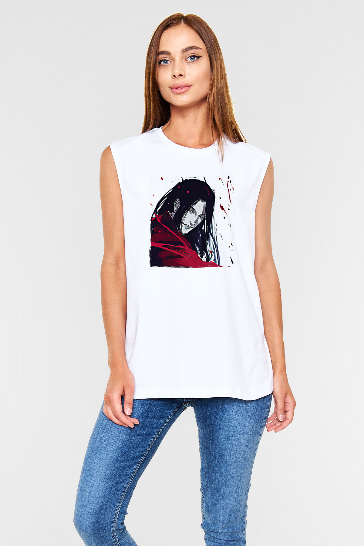 Alucard Baskılı Beyaz Unisex Kolsuz Tişört - Tshirt